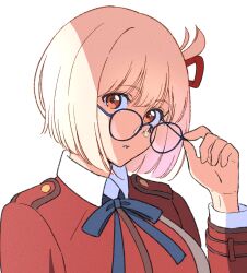 Rule 34 | 1girl, absurdres, adjusting eyewear, bespectacled, black ribbon, blonde hair, chouchou aile, collared shirt, glasses, hair ribbon, hand up, highres, jacket, long sleeves, looking at viewer, lycoris recoil, neck ribbon, nishikigi chisato, portrait, red eyes, red jacket, red ribbon, ribbon, round eyewear, shirt, short hair, simple background, solo, teeth, white background, white shirt