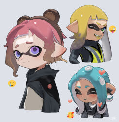 Rule 34 | 1boy, 2girls, absurdres, black sweater, blonde hair, blue hair, blush, brown headband, closed eyes, emoji, fang, green eyes, headband, heart, highres, inkling, inkling boy, inkling girl, inkling player character, multiple girls, nintendo, octoling, octoling girl, octoling player character, one eye closed, open mouth, pointy ears, puchiman, purple eyes, red hair, short hair, signature, simple background, splatoon (series), sweater, tears, teeth, tongue, tongue out, two-tone sweater, upper teeth only, white background, white sweater