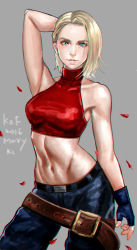 Rule 34 | 1girl, abs, armpits, bare shoulders, belt, blonde hair, blue eyes, blue mary, breasts, chromatic aberration, cowboy shot, fatal fury, female focus, fingerless gloves, gloves, halterneck, halterneck, highres, k.c, large breasts, midriff, muscular, navel, pants, short hair, smile, snk, solo, the king of fighters