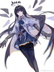 Rule 34 | 1girl, arknights, artist name, ascot, belt, belt buckle, black ascot, black belt, black bustier, black eyes, black garter straps, black gloves, black hair, black halo, black skirt, black thighhighs, black wings, blunt bangs, blurry, blurry background, blurry foreground, breasts, bright pupils, broken halo, buckle, bustier, buttons, chinese commentary, chinese text, chromatic aberration, closed mouth, collared jacket, colored inner hair, commentary request, dark halo, depth of field, detached wings, dot nose, dutch angle, energy wings, floating hair, garter straps, gloves, grey hair, grey shirt, halo, highres, hime cut, jacket, layered sleeves, light smile, long hair, long sleeves, looking at viewer, medium breasts, miniskirt, mole, mole under eye, multicolored hair, outstretched arms, outstretched hand, pale skin, pleated skirt, shade, shirt, short over long sleeves, short-sleeved jacket, short sleeves, sidelocks, simple background, skirt, solo, standing, thighhighs, two-tone hair, very long hair, virtuosa (arknights), watermark, weibo 7767254956, weibo logo, weibo watermark, white background, white belt, white jacket, white pupils, wide sleeves, wing collar, wings, zettai ryouiki