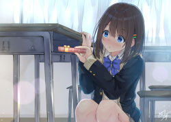 Rule 34 | 1girl, :o, black jacket, blazer, blue bow, blue bowtie, blue eyes, blush, bow, bowtie, box, brown hair, brown sweater, buttons, chair, classroom, collared shirt, commentary request, curtains, day, desk, gift, gift box, grey skirt, hair ornament, hairclip, holding, holding box, indoors, jacket, long hair, long sleeves, miko fly, miniskirt, open clothes, open jacket, original, parted lips, ribbon, sanpaku, school chair, school desk, school uniform, shirt, sidelocks, signature, skirt, sleeves past wrists, solo, squatting, sweater, valentine, white shirt, yellow ribbon
