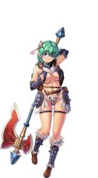 Rule 34 | 1girl, arm up, armor, axe, bare shoulders, blue eyes, blush, boots, breasts, celia (sennen sensou aigis), cleavage, full body, fur trim, gauntlets, glasses, green hair, groin, holding, large breasts, legs, long hair, looking at viewer, navel, parted lips, sennen sensou aigis, skull, solo, standing, thigh strap, thighs, thong, transparent background, weapon, white background