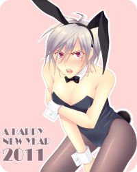 Rule 34 | 10s, 1girl, 2011, animal ears, babysmile7 (artist), bare shoulders, black pantyhose, blush, bow, bowtie, breasts, cleavage, fake animal ears, forced dressing, homura (sekirei), iori rio, large breasts, leotard, new year, open mouth, pantyhose, playboy bunny, rabbit ears, red eyes, sekirei, short hair, silver hair, solo, wrist cuffs