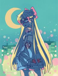 Rule 34 | 1girl, aino minako, bishoujo senshi sailor moon, blonde hair, blue eyes, bow, codename wa sailor v, crescent, crescent facial mark, crescent moon, earrings, eye mask, facial mark, hair bow, heart, heart earrings, highres, jacket, jewelry, long hair, looking to the side, mask, moon, one eye closed, open clothes, open jacket, red bow, sailor v, sailor venus, shiroiroom, shoulder tattoo, tattoo, tongue, tongue out, very long hair