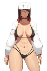 Rule 34 | 1girl, abs, bikini, black bikini, black choker, brown hair, choker, ethan69 (anhuzart), gluteal fold, gradient background, hair between eyes, hat, heart, highres, jacket, long hair, looking at viewer, navel, open clothes, open jacket, original, parted lips, pink lips, red eyes, solo, swimsuit, toned, white hat, white jacket