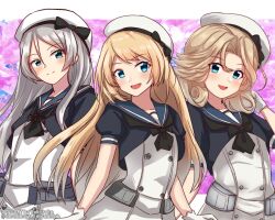 Rule 34 | 3girls, artist name, beret, black bow, black neckerchief, blonde hair, blue eyes, blue sailor collar, blush, bow, dress, gloves, grey hair, hat, hat bow, janus (kancolle), javelin (kancolle), jervis (kancolle), kantai collection, long hair, looking at viewer, multiple girls, neckerchief, open mouth, roko roko (doradorazz), sailor collar, sailor dress, short hair, short sleeves, twitter username, white gloves, white headwear