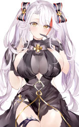 Rule 34 | 1girl, absurdres, antenna hair, azur lane, black dress, black gloves, blush, bow, breasts, brown eyes, curvy, dress, gloves, hair between eyes, highres, huge breasts, long hair, looking at viewer, mile (off8mile), mole, mole on breast, multicolored hair, prinz eugen (azur lane), prinz eugen (cordial cornflower) (azur lane), red hair, see-through, silver hair, simple background, sitting, solo, streaked hair, thighs, two side up, very long hair, white background