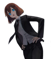 Rule 34 | 1girl, black jacket, black necktie, black pants, blue eyes, brown hair, commentary, cowboy shot, formal, hands on own hips, highres, jacket, leaning forward, long sleeves, looking at viewer, necktie, nuri (yoon cook), open mouth, original, pants, shirt, short hair, simple background, solo, suit, suit jacket, teeth, upper teeth only, white background, white shirt, yoon cook