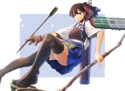 Rule 34 | 10s, 1girl, aircraft carrier, arrow (projectile), black thighhighs, blush, bow (weapon), brown eyes, brown hair, holysnow, japanese clothes, kaga (kancolle), kantai collection, military, military vehicle, muneate, personification, ship, short hair, side ponytail, skirt, solo, thighhighs, warship, watercraft, weapon
