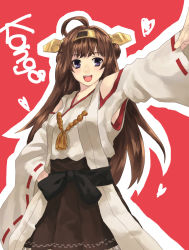 Rule 34 | 10s, 1girl, :d, ahoge, bad id, bad pixiv id, blush, brown hair, detached sleeves, double bun, hairband, hand on own hip, heart, highres, japanese clothes, kantai collection, kongou (kancolle), long hair, muton486, nontraditional miko, open mouth, outstretched arm, personification, pleated skirt, purple eyes, skirt, smile, solo