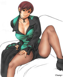 Rule 34 | 1girl, breasts, brown eyes, brown hair, champ+, cleavage, couch, earrings, jewelry, large breasts, pantyhose under shorts, pantyhose, seductive smile, short hair, shorts, smile, snk, solo, spread legs, the king of fighters, thighs, vice (kof)