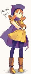 Rule 34 | 1girl, alena (dq4), boots, breasts, cape, closed mouth, commentary request, curly hair, dragon quest, dragon quest iv, dress, hat, highres, long hair, orange hair, pantyhose, red eyes, simple background, solo, white background