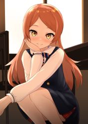 Rule 34 | 1girl, blue dress, blush, bow, bowtie, chair, cpk prd, dress, hand on own cheek, hand on own face, highres, idolmaster, idolmaster million live!, image sample, indoors, legs, long hair, long sleeves, looking at viewer, ogami tamaki, orange hair, pov, school uniform, shirt, smile, solo, squatting, table, twitter sample, uniform series (idolmaster), white shirt, window, yellow eyes