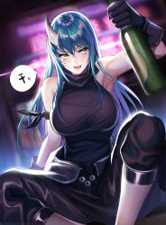 Rule 34 | 1girl, :d, alcohol, arknights, arm ribbon, arm scarf, armpits, bare arms, bare shoulders, black gloves, black pants, black shirt, blush, bottle, breasts, cleavage, clothes around waist, commentary request, gloves, green hair, hair between eyes, highres, holding, holding bottle, horns, hoshiguma (arknights), jacket, jacket around waist, kernel killer, large breasts, neckwear request, open mouth, pants, ribbon, see-through, shirt, single horn, sitting, skin-covered horns, sleeveless, sleeveless shirt, smile, solo, speech bubble, translation request, yellow eyes