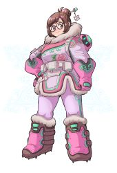 Rule 34 | 1girl, alternate color, arm at side, beads, belt, belt pouch, black-framed eyewear, boots, breasts, brown eyes, brown footwear, brown hair, canister, closed mouth, coat, drone, floral print, full body, fur-trimmed boots, fur-trimmed jacket, fur boots, fur coat, fur trim, glasses, gloves, hair bun, hair ornament, hair stick, hand on own hip, highres, jacket, jocheong, knee boots, legs apart, looking to the side, mei (overwatch), overwatch, overwatch 1, parka, pink gloves, pouch, robot, shoes, short hair, sidelocks, single hair bun, smile, snow boots, snowball (overwatch), snowflake hair ornament, solo, spiked shoes, spikes, strap, swept bangs, transparent background, utility belt, winter clothes, winter coat