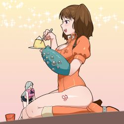 Rule 34 | 10s, 2girls, :d, black legwear, black skirt, blush, boots, breasts, brown hair, bucket, buckle, cleavage, diane (nanatsu no taizai), dragon tattoo, earrings, elbow gloves, elizabeth liones, emblem, fingerless gloves, food, from side, giant, giantess, gloves, gradient background, hair over one eye, hands up, happy, high collar, high heel boots, high heels, holding, jewelry, large breasts, leaning forward, leg tattoo, leotard, long hair, looking at another, microskirt, midriff, multiple girls, nanatsu no taizai, neckerchief, open mouth, pink background, pink shirt, plate, profile, pudding, puffy sleeves, purple eyes, rokka (gipsyroad), shirt, short sleeves, silver hair, single elbow glove, single glove, single thighhigh, sitting, size difference, skirt, smile, sparkle, spoon, tattoo, thighhighs, thighs, twintails, unbuttoned, very long hair, wariza, yellow background