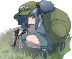 Rule 34 | 1girl, backpack, bag, blue eyes, blue footwear, blue hair, blue nails, blue shirt, blue shorts, boots, flat cap, frogsnake, grass, green hat, gun, hair bobbles, hair ornament, handgun, hat, head tilt, kappa, kawashiro nitori, kneeling, long sleeves, looking at viewer, mouth hold, nail polish, pocket, shirt, short twintails, shorts, sidelocks, simple background, solo, squatting, stalk in mouth, touhou, twintails, two side up, weapon, wheat, white background