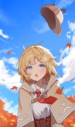 1girl :o autumn_leaves blonde_hair blue_eyes blue_sky blush bob_cut breasts brown_capelet brown_coat brown_hat capelet cloud coat collared_shirt commentary content_rating day deerstalker dot_nose english_commentary falling_leaves hair_ornament hat highres hololive hololive_english leaf monocle necktie open_mouth orobou outdoors red_necktie shirt short_hair sky solo teeth unworn_hat unworn_headwear upper_body upper_teeth_only virtual_youtuber watson_amelia watson_amelia_(1st_costume) white_shirt