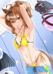 Rule 34 | 3girls, absurdres, adjusting hair, agnes tachyon (lunatic lab) (umamusume), agnes tachyon (umamusume), ahoge, animal ears, armpits, arms up, bikini, blurry, blurry foreground, breasts, brown eyes, brown hair, collarbone, commentary request, denim, denim shorts, gloves, groin, hair between eyes, hair ornament, highres, horse ears, horse girl, horse tail, jungle pocket (tobasuze hot summer!) (umamusume), jungle pocket (umamusume), looking at viewer, manhattan cafe (the bubbles that i see with you) (umamusume), manhattan cafe (umamusume), medium hair, multiple girls, navel, notched ear, official alternate costume, official alternate hairstyle, ryochapu, shorts, side-tie bikini bottom, small breasts, solo focus, swimsuit, tail, umamusume