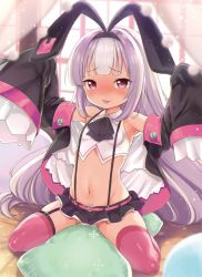 Rule 34 | 1girl, armpits, azur lane, bed, blush, breasts, commentary request, curtains, detached sleeves, garter belt, groin, hairband, hobby (azur lane), kanya pyi, light, light purple hair, long hair, looking at viewer, navel, pillow, purple eyes, red eyes, shorts, small breasts, solo, thighhighs, tongue, tongue out, window