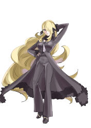 Rule 34 | 1girl, absurdres, arm behind head, arm up, black coat, black footwear, black pants, black shirt, blonde hair, breasts, cleavage, coat, commentary request, creatures (company), cynthia (pokemon), full body, fur-trimmed coat, fur-trimmed sleeves, fur collar, fur trim, game freak, grey eyes, hair ornament, hair over one eye, hand on own hip, high heels, highres, large breasts, long hair, long sleeves, looking at viewer, mogi yasunobu, nintendo, pants, parted lips, pokemon, pokemon dppt, shirt, sidelocks, simple background, solo, v-neck, very long hair, wavy hair, white background