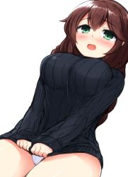 Rule 34 | 10s, 1girl, blush, braid, breasts, brown hair, don (29219), green eyes, kantai collection, large breasts, long hair, noshiro (kancolle), open mouth, panties, pantyshot, ribbed sweater, simple background, solo, sweater, twin braids, underwear, upskirt, white background