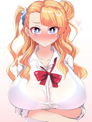 Rule 34 | 10s, 1girl, asymmetrical bangs, black bra, blonde hair, blue eyes, blush, bra, breasts, bright pupils, crossed arms, earrings, galko, heart, highres, huge breasts, jewelry, kurorettsu, large breasts, long hair, looking at viewer, nose blush, one side up, oshiete! galko-chan, pout, see-through, side ponytail, simple background, solo, underwear, upper body, white background