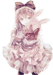 Rule 34 | 1girl, absurdres, bad id, bad pixiv id, black bow, blonde hair, bow, collared shirt, cowboy shot, curly hair, dress, frilled dress, frills, grey eyes, hair between eyes, hair bow, highres, hugging object, layered dress, long hair, long sleeves, looking at viewer, open mouth, opopowa, original, pantyhose, petticoat, puffy long sleeves, puffy sleeves, red ribbon, ribbon, shirt, simple background, smile, solo, standing, striped clothes, striped legwear, striped pantyhose, stuffed toy, white background, white dress