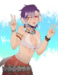 Rule 34 | armlet, artist name, au ra, bikini, bikini top only, bracelet, breasts, cleavage, commission, double v, dragon horns, dragon tail, facial mark, final fantasy, final fantasy xiv, hair between eyes, highres, horns, jewelry, koyorin, lips, looking at viewer, medium breasts, multicolored hair, one eye closed, print sarong, purple hair, red eyes, sarong, scales, short hair, smile, swimsuit, tail, two-tone hair, v, warrior of light (ff14), white bikini
