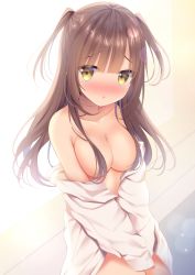 Rule 34 | 1girl, :o, bare shoulders, blush, breasts, brown eyes, brown hair, cleavage, commentary request, dress shirt, hair censor, hair over breasts, long hair, long sleeves, looking at viewer, nose blush, off shoulder, open clothes, open shirt, original, parted lips, shibainu niki, shirt, sleeves past fingers, sleeves past wrists, solo, two side up, white shirt