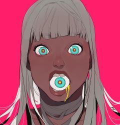Rule 34 | 1girl, aqua eyes, blunt bangs, bright pupils, character request, colored blood, colored eyelashes, commentary, copyright request, dark-skinned female, dark skin, english commentary, eye in mouth, francesca fedele, highres, lips, long hair, looking at viewer, nose, nostrils, open mouth, pink background, portrait, ringed eyes, simple background, solo, teeth, yellow blood, yellow pupils