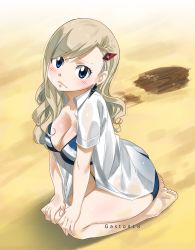 Rule 34 | 1girl, blonde hair, blue eyes, breasts, cleavage, colorized, eden&#039;s zero, gaston18, highres, large breasts, long hair, looking at viewer, mashima hiro, rebecca bluegarden, sitting, solo, tagme