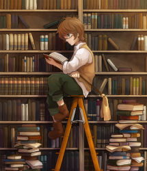 Rule 34 | 1boy, bad id, bad pixiv id, blue eyes, book, bookshelf, boots, brown hair, duster, glasses, harukaze (tomato123), holding, holding book, ladder, male focus, open book, original, reading, sitting, solo, too many, too many books