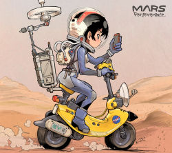 Rule 34 | 1girl, black eyes, black hair, breasts, cellphone, dust, from side, full body, helmet, holding, holding phone, kiichi, mars (planet), medium breasts, minibike, motor vehicle, motorcycle, mountain, nasa, noped, outdoors, perseverance (rover), personification, phone, real life, science fiction, scooter, smartphone, solo, space helmet, spacesuit