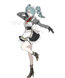 Rule 34 | 1girl, aqua hair, bad id, bad twitter id, black gloves, black skirt, bow, dress, drill hair, frills, gloves, hair over one eye, high heels, highres, loalo, maid, maid headdress, medium hair, necktie, open mouth, original, red eyes, red necktie, simple background, sketch, skirt, solo, standing, thigh strap, white background, white bow