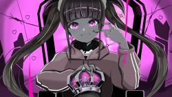 Rule 34 | 1girl, absurdres, blunt bangs, character name, closed mouth, commentary, crown, english commentary, hands up, heart, high collar, highres, hood, hood down, hoodie, indie virtual youtuber, king (vocaloid), kyoresu, liquid, looking at viewer, monochrome, pink background, pink crown (object), pink eyes, pink theme, slit pupils, smile, solo, sorashonoarts, straight-on, striped clothes, striped hoodie, twintails, unworn crown, virtual youtuber