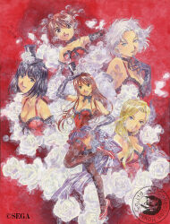 Rule 34 | 5girls, bare shoulders, black hair, black ribbon, black skirt, blonde hair, blue eyes, blunt bangs, blunt ends, breasts, brown eyes, brown hair, brown thighhighs, bustier, bustier ribbon, child, choker, cleavage, clothes lift, collarbone, coquelicot (sakura taisen), elbow gloves, erica fontaine, everyone, eyelashes, finger on chin, floral background, flower, frilled bustier, frilled gloves, frilled skirt, frills, full body, gloves, glycine bleumer, hair between eyes, hair over breasts, hair over one breast, hair tie, happy, hat, hat flower, head tilt, high heels, holding, holding clothes, holding hat, holding skirt, kitaooji hanabi, leg up, lobelia carlini, long hair, long sidelocks, low-tied long hair, low ponytail, matsubara hidenori, messy hair, multiple girls, neck, no eyewear, official art, open mouth, outstretched arm, petals, red background, red bustier, red footwear, red ribbon, ribbon, ribbon choker, ribbon legwear, rose, rose petals, sakura taisen, sakura taisen iii, second-party source, sega, short twintails, sidelocks, skirt, skirt lift, small headwear, smile, strap, strapless, tareme, teeth, thighhighs, top hat, traditional media, tsurime, twintails, upper body, wavy ends, wavy hair, wavy sidelocks, white flower, white hair, white petals, white rose