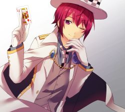 Rule 34 | 10s, 1boy, ;), alternate costume, bad id, bad pixiv id, blue flower, blue rose, cape, card, ensemble stars!, flower, gloves, hat, holding, holding card, light smile, male focus, mi (hixi816), one eye closed, pink hair, purple eyes, red hair, rose, smile, solo, suou tsukasa, top hat, white gloves