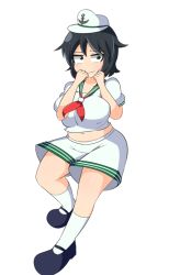 Rule 34 | 1girl, 3:, belly, black hair, blush, breasts, clenched hands, covered erect nipples, female focus, green eyes, hat, large breasts, looking at viewer, manorea, mary janes, murasa minamitsu, navel, normal, plump, puffy nipples, sailor hat, school uniform, serafuku, shoes, short hair, shorts, shy, simple background, socks, solo, touhou, wavy mouth