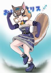 Rule 34 | 1girl, animal ears, belt, boots, brown eyes, brown hair, chipmunk ears, chipmunk girl, chipmunk tail, christmas, dress, elbow gloves, extra ears, gloves, highres, hiro maji, kemono friends, kemono friends v project, looking at viewer, ribbon, short hair, siberian chipmunk (kemono friends), simple background, sleeveless, sleeveless dress, solo, tail, translation request, virtual youtuber