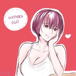 Rule 34 | breasts, enlay, fate/grand order, fate (series), large breasts, purple hair, red eyes, red hair, scathach (fate), scathach (fate), shirt, short hair, smile, solo, tank top, white shirt