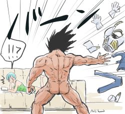 Rule 34 | 1boy, 1girl, aqua hair, armor, artist request, ass, black hair, blush stickers, bulma, couple, dragon ball, dragon ball super, gloves, hetero, highres, husband and wife, imminent penetration, looking at viewer, muscular, muscular male, nude, spiked hair, standing, undressing, vegeta