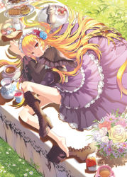 Rule 34 | 1girl, barefoot, blonde hair, boots, cross-laced footwear, cup, dress, flower, food, frills, gothic lolita, grass, headband, high heels, jar, lace-up boots, legs, lolita fashion, long hair, long sleeves, lying, macaron, mintchoco (orange shabette), on side, original, outdoors, parted lips, pastry, shadow, shoes, single shoe, table, tablecloth, teacup, teapot, tiered tray, very long hair, yellow eyes