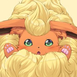 Rule 34 | animal hands, blush, commentary request, creatures (company), fangs, flareon, game freak, gen 1 pokemon, green eyes, highres, kitsunerider, looking at viewer, nintendo, no humans, open mouth, pokemon, pokemon (creature), simple background, yellow background
