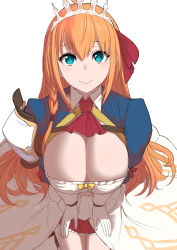 Rule 34 | 1girl, armor, ascot, blue eyes, braid, breasts, cleavage, cleavage cutout, clothing cutout, gloves, large breasts, long hair, miyamoto issa, orange hair, pauldrons, pecorine (princess connect!), pleated skirt, princess connect!, shoulder armor, simple background, single pauldron, skirt, smile, solo, tiara, white background, white gloves