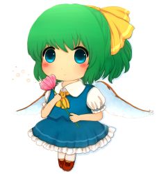 Rule 34 | 1girl, aqua eyes, arms up, ascot, blush stickers, chibi, cross-laced footwear, daiyousei, dress shirt, fairy wings, female focus, flower, frills, full body, green hair, hair ribbon, hand on own chest, looking at viewer, md5 mismatch, pantyhose, puffy sleeves, rei (tonbo0430), ribbon, shadow, shirt, shoes, short hair, short sleeves, side ponytail, simple background, skirt, solo, touhou, vest, white background, wings