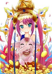 Rule 34 | 1girl, ^ ^, arm up, bad id, bad pixiv id, bare shoulders, closed eyes, elephant, closed eyes, flower, ginhaha, grin, gungho online entertainment, hat, highres, jewelry, lakshmi (p&amp;d), long hair, lots of jewelry, lotus, pink hair, puzzle &amp; dragons, silver haha, smile, solo, twintails
