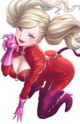 Rule 34 | 1girl, :d, ass, blonde hair, blue eyes, bodysuit, breasts, cat tail, cleavage, earrings, full body, gloves, hair ornament, hairclip, highres, jewelry, large breasts, looking at viewer, masatoshi 1219, open mouth, persona, persona 5, purple gloves, red bodysuit, simple background, smile, solo, stud earrings, swept bangs, tail, takamaki anne, twintails, white background, zipper