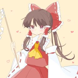Rule 34 | 1girl, ascot, bare shoulders, blush, bow, brown eyes, brown hair, collared shirt, commentary request, detached sleeves, expressionless, frilled bow, frilled hair tubes, frilled shirt collar, frills, gohei, hair bow, hair ribbon, hair tubes, hakurei reimu, hand up, heart, highres, holding, holding gohei, long sleeves, looking ahead, medium hair, ponytail, red bow, red ribbon, red shirt, red skirt, ribbon, rio (zdhg3425), sarashi, shirt, sidelocks, simple background, skirt, skirt set, sleeveless, sleeveless shirt, solo, touhou, tress ribbon, upper body, white sleeves, wide sleeves, yellow ascot, yellow background