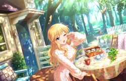 Rule 34 | 1girl, aran sweater, arm up, artist request, bell, bench, bird, blonde hair, blue eyes, blush, bread, breasts, cable knit, chair, coffee, coffee mug, collarbone, cup, day, deck, door, dutch angle, fence, flower, food, hand up, house, idolmaster, idolmaster cinderella girls, idolmaster cinderella girls starlight stage, lens flare, light rays, long hair, long sleeves, looking at viewer, medium breasts, mug, off shoulder, official art, ohtsuki yui, one eye closed, open mouth, outdoors, picket fence, pillow, plant, potted plant, ribbed sweater, robin (animal), solo, sparkle, standing, sunbeam, sunlight, sweater, swept bangs, table, tablecloth, teeth, tree, upper teeth only, white sweater, wooden fence, yawning